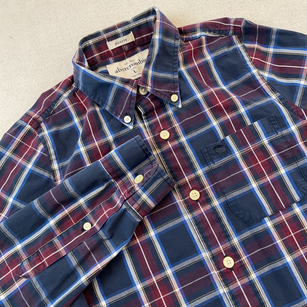 Abercrombie Kids Boys‎ Muscle Fit Plaid Button Down Shirt Navy Purple Size L